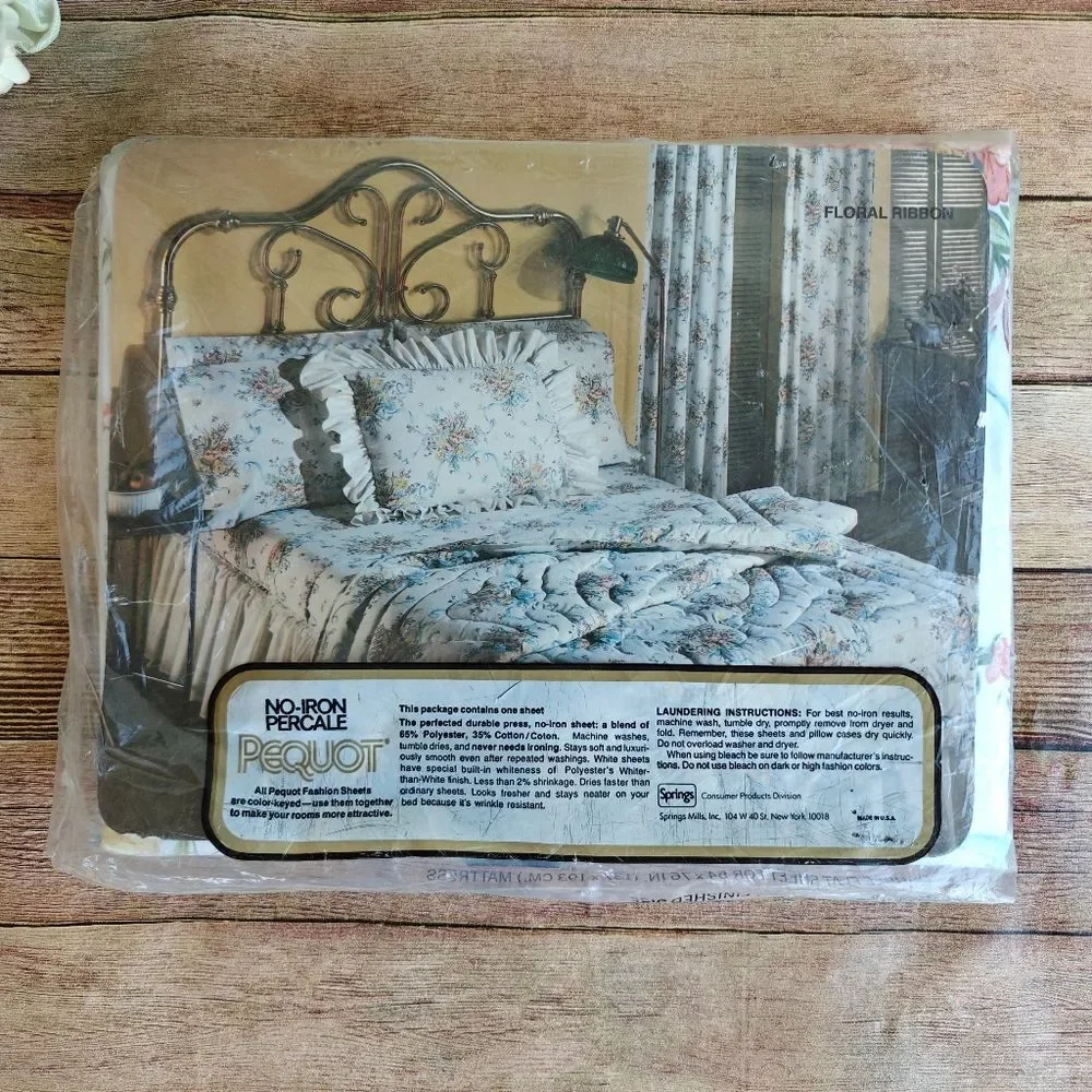 Pequot No-Iron Percale Double Flat Sheet Floral New Vintage